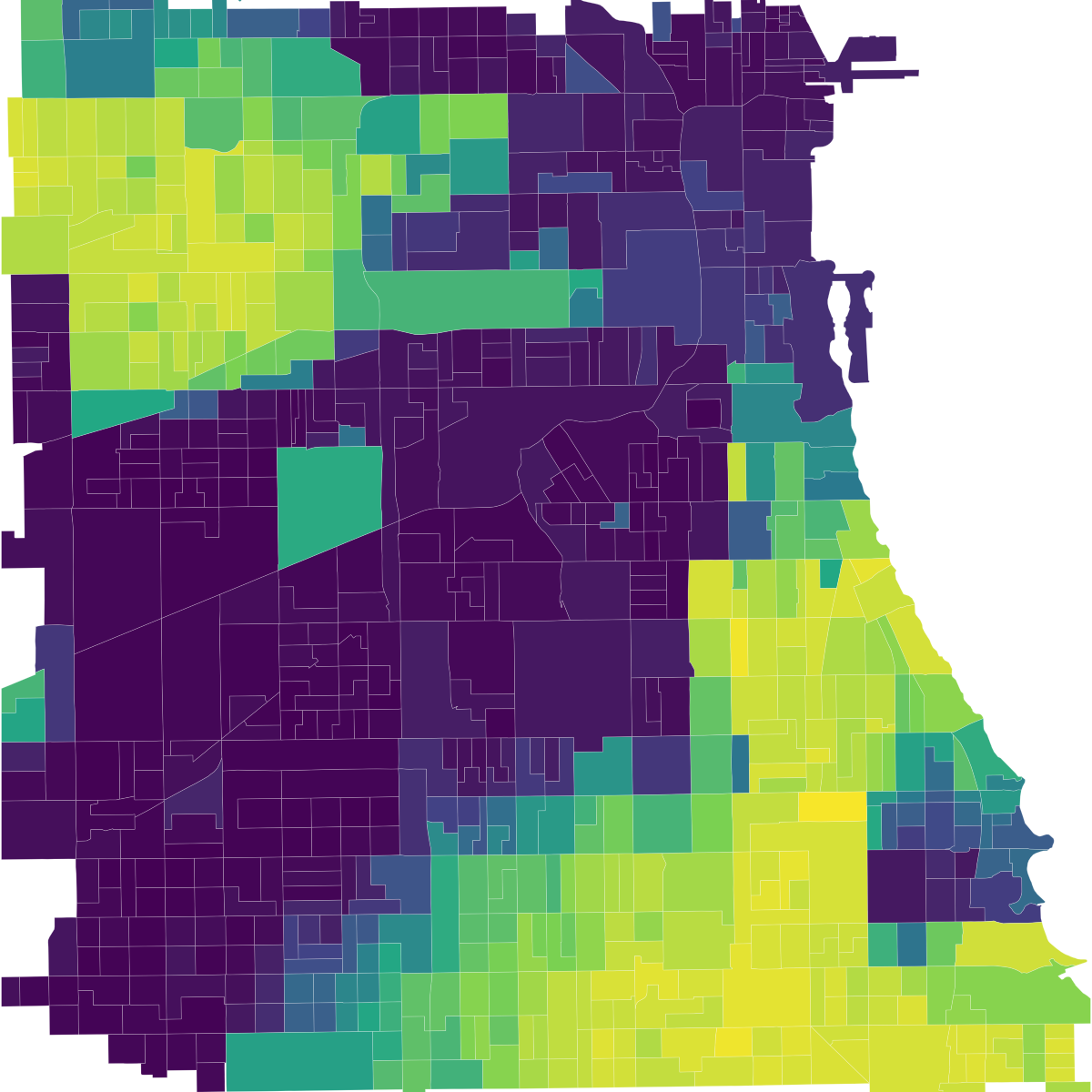 Chicago Census block groups colored from purple for a lower Black population share to yellow for a higher share.