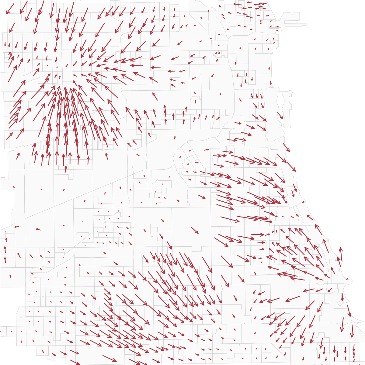 The same Chicago area with arrows pointing toward increasing Black population share. Arrow lengths are proportional to the gradient magnitude.
