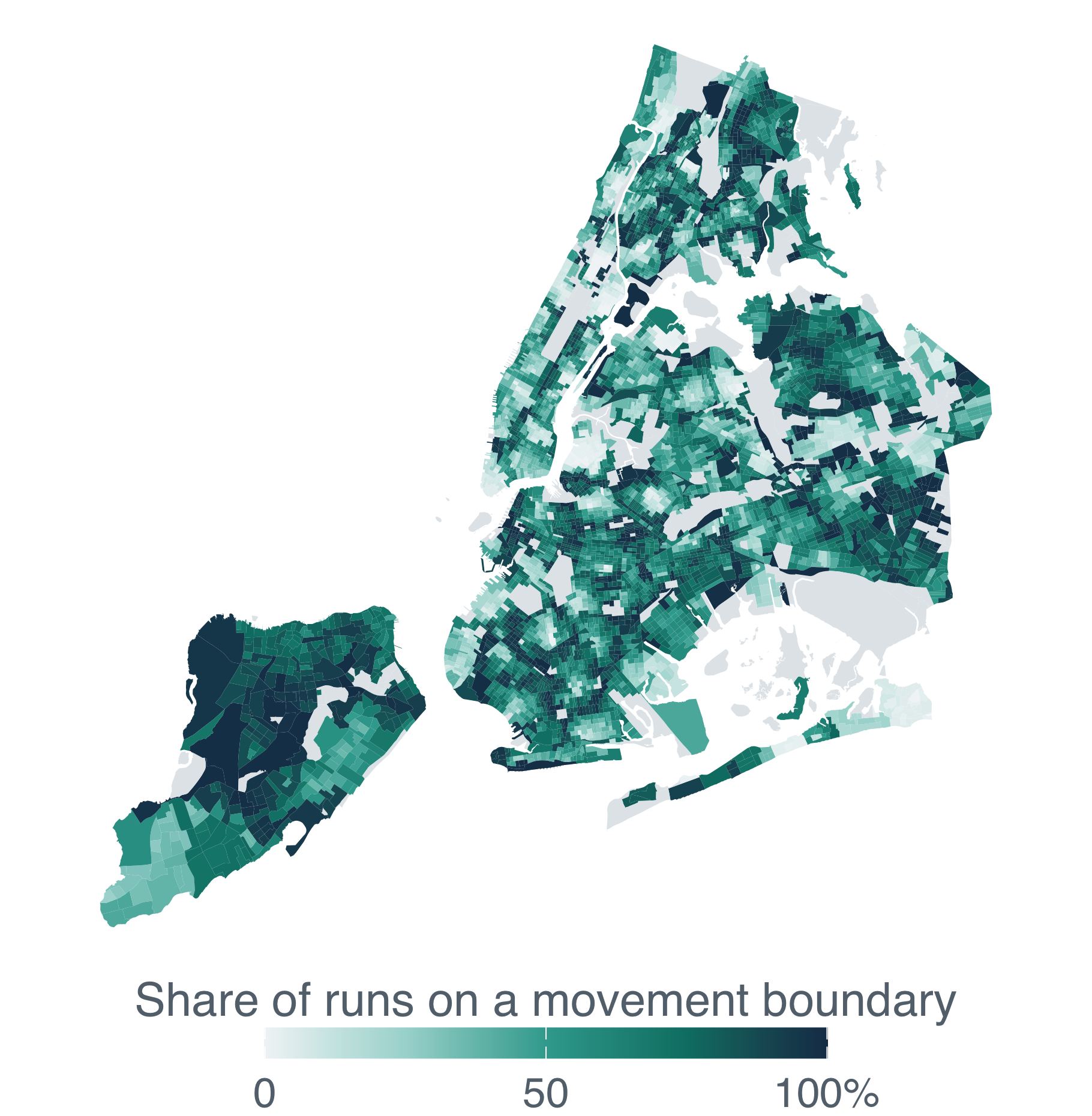 New York City block groups shaded by how often they fall on a movement-community boundary across repeated estimates