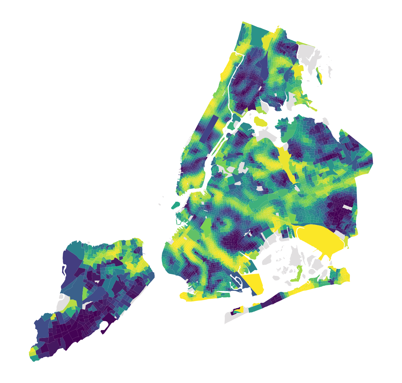 New York City block groups colored from purple for lower racial-composition gradients to yellow for higher gradients, ranked within the city