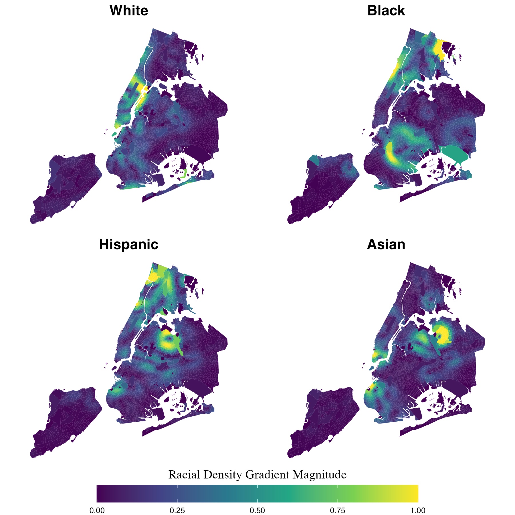 Four New York City maps showing local White, Black, Hispanic, and Asian racial-density gradients